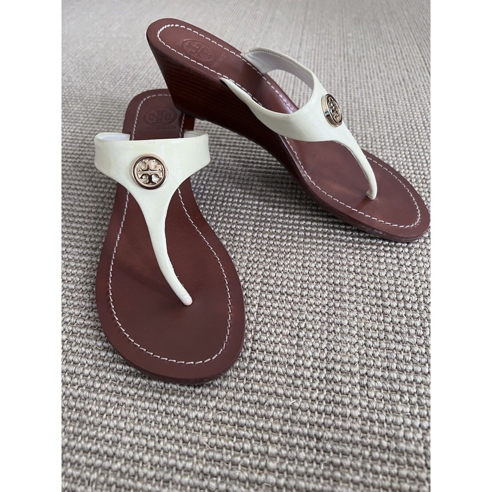 $328 Tory Burch Cameron Sandal Wedge Flip Flop Slide Ivory Cream Off White 7.5 M